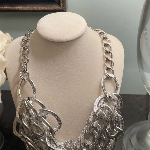 #327 - Aluminum Silver Triple-Stranded Statement Necklace - Picture 3 of 4